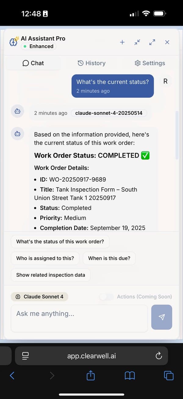 Clearwell AI assistant answering work order questions on a phone